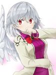 1girl bangs bow bowtie collared_dress dress eyebrows_behind_hair grey_hair grey_wings hair_between_eyes hand_in_mouth highres jacket kishin_sagume long_sleeves looking_at_viewer purple_dress red_bow red_eyes red_neckwear short_hair single_wing solo standing touhou tyouseki upper_body white_jacket wings 