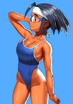  1girl arm_up arung_samudra_(cessa) black_hair blue_background blue_swimsuit breasts cessa cleavage cowboy_shot dark_skin dark_skinned_female goggles highleg highleg_swimsuit medium_breasts ombok_diving_and_delivery_services one-piece_swimsuit profile short_hair sideboob simple_background smile solo swimsuit 
