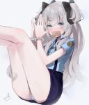  1girl ass bare_legs blue_eyes blue_shirt blue_skirt blush bow breast_pocket collared_shirt cuffs flat_chest gag hair_bow handcuffs highres improvised_gag indie_virtual_youtuber legs_up long_hair looking_at_viewer miniskirt nose_blush panties pencil_skirt pocket police police_uniform policewoman retorillo shanoa_(vtuber) shirt shirt_tucked_in short_sleeves silver_hair simple_background skirt solo suspenders tape tape_gag thighs two_side_up underwear uniform virtual_youtuber white_background white_panties 