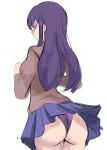  1girl breasts brown_jacket doki_doki_literature_club eyebrows hair_between_eyes hand_in_hair highres jacket large_breasts long_hair panties pantyshot purple_eyes purple_hair purple_panties rakeem_garcia-cueto school_uniform shirt thighs underwear vest white_background white_shirt yuri_(doki_doki_literature_club) 