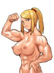  1girl abs arm_up biceps blonde_hair breasts cessa cleavage flexing green_eyes hand_on_hip large_breasts long_hair looking_at_viewer metroid muscular muscular_female nipples ponytail pose samus_aran simple_background smile solo topless white_background 