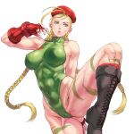  1girl ahoge aqua_eyes beret blonde_hair bodypaint boots braid breasts cammy_white camouflage covered_navel cross-laced_footwear garrison_cap green_leotard hat large_breasts leotard long_hair red_headwear scar shu-mai solo standing standing_on_one_leg street_fighter thong_leotard twin_braids very_long_hair 
