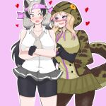  2girls absurdres african_rock_python_(kemono_friends) ahoge animal_ears aroused bare_arms bare_shoulders bear_ears bear_girl bike_shorts black_hair blonde_hair blush breath collarbone collared_shirt commentary crossed_arms drawstring english_commentary expressive_clothes extra_ears ezo_brown_bear_(kemono_friends) furrowed_eyebrows gloves grey_hair hand_up headband heart heart-shaped_pupils highres hood hood_up hooded_jacket jacket kemono_friends long_hair long_sleeves looking_at_another microskirt multicolored_hair multiple_girls nanoder necktie nose_blush open_mouth panties pink_background purple_eyes purple_hair shirt shorts shorts_under_skirt side-by-side simple_background skirt sleeveless sleeveless_shirt smile snake_tail symbol-shaped_pupils tail twintails two-tone_hair underwear very_long_hair wide-eyed wing_collar yuri zipper 