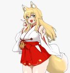  1girl :d animal_crossing animal_ear_fluff animal_ears bangs bare_shoulders blonde_hair cowboy_shot crossed_bangs eyebrows_visible_through_hair facing_away fang fingernails fox_ears fox_girl fox_tail grey_eyes gyroid gyroid_(animal_crossing) hair_between_eyes hakama hakama_skirt hands_up highres inari_miko indie_virtual_youtuber japanese_clothes legs_together lewis long_hair long_sleeves miko nail_polish open_mouth red_hakama red_nails simple_background skin_fang smile solo tail thighs v virtual_youtuber white_background wide_sleeves 