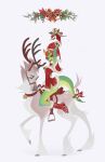  2019 anthro antlers blue_eyes boots brown_eyes capreoline cervid christmas christmas_clothing christmas_decorations christmas_headwear christmas_topwear clothing digital_media_(artwork) digital_painting_(artwork) female feral footwear forked_tongue green_body hair headgear headwear hi_res holidays hooves horn mammal orange_hair reindeer reptile ribbons riding_on_back saddle scalie shermugi simple_background snake sneiky_(shermugi) snow tongue topwear white_background 