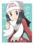  1girl beanie black_hair border closed_mouth coat commentary_request dawn_(pokemon) eyelashes grey_eyes hair_ornament hairclip hat heart holding jeri20 long_hair looking_at_viewer outside_border pokemon pokemon_(game) pokemon_dppt pokemon_platinum red_coat scarf smile solo upper_body white_border white_headwear winter_clothes 