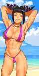  1girl abs armpits arms_behind_head arms_up bangs beach bikini blue_sky blunt_bangs breasts breasts_apart cessa cloud cloudy_sky cowboy_shot drill_hair han_juri horizon jewelry large_breasts looking_at_viewer necklace outdoors parted_lips pink_bikini purple_eyes sidelocks sky smile solo street_fighter street_fighter_iv_(series) street_fighter_v swimsuit twin_drills water 
