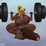  1:1 absurd_res anthro barbell big_breasts big_penis blonde_hair breasts chango-tan clothing crouching exercise genitals gynomorph hair hi_res huge_breasts huge_penis hyper hyper_genitalia hyper_penis intersex lutrine mammal muscular muscular_anthro muscular_gynomorph muscular_intersex mustelid penis solo torn_clothing weightlifting workout 