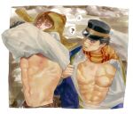  2boys ? abs absurdres bare_pecs beard blue_eyes brown_eyes brown_hair dima facial_hair golden_kamuy hat highres imperial_japanese_army kepi long_sleeves male_focus military_hat multiple_boys muscular muscular_male navel nipples russian_clothes scar scar_on_cheek scar_on_chest scar_on_face scar_on_mouth scar_on_nose short_hair simple_background spiked_hair sugimoto_saichi undressing upper_body vasily_(golden_kamuy) wet 