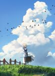  1girl bird blonde_hair blue_eyes blue_sky braid cloud commentary day dongho_kang dress grass hair_ribbon highres long_sleeves red_ribbon ribbon scenery sky solo violet_evergarden violet_evergarden_(character) wind 