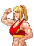  1girl abs adapted_costume arm_up biceps blonde_hair bra breasts cessa cleavage flexing green_eyes hand_on_hip large_breasts long_hair looking_at_viewer metroid muscular muscular_female ponytail pose red_bra samus_aran simple_background smile solo sports_bra underwear white_background 