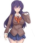  1girl :o breasts brown_jacket doki_doki_literature_club eyebrows hair_between_eyes hand_in_hair highres jacket large_breasts long_hair looking_at_viewer orange_vest purple_eyes purple_hair rakeem_garcia-cueto school_uniform shirt thighs vest white_background white_shirt yuri_(doki_doki_literature_club) 