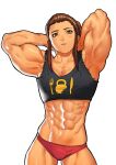  1girl abs arms_behind_head arms_up biceps black_shirt brigitte_(overwatch) brown_eyes brown_hair cessa commission cowboy_shot crop_top highres long_hair looking_at_viewer muscular muscular_female overwatch panties parted_lips red_panties shirt simple_background sleeveless sleeveless_shirt solo underwear white_background 