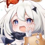  +_+ 1girl blue_eyes blush cape capelet dress eyelashes fork genshin_impact hair_between_eyes halo holding holding_fork open_mouth paimon_(genshin_impact) saliva short_hair sparkle star_(symbol) wachiroku_(masakiegawa86) white_dress white_hair 