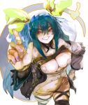  1girl absurdres aekutie arm_up bangs bare_shoulders belt black_legwear blue_hair breasts buttons choker cleavage cleavage_cutout clothing_cutout dizzy_(guilty_gear) guilty_gear guilty_gear_xrd hair_between_eyes hair_ribbon hand_on_hip hand_up highres large_breasts long_hair looking_at_viewer nail_polish navel red_eyes ribbon simple_background skindentation smile solo stomach tail tail_ornament tail_ribbon thick_thighs thigh_strap thighs twintails white_background yellow_ribbon 
