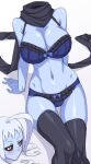  blue_body blue_skin blush bra breasts clothing detachable detachable_head dullahan female hair hi_res humanoid lala_(monster_musume) legwear lingerie mimitan_tokage monster_girl_(genre) monster_musume not_furry panties scarf simple_background sitting solo thigh_highs underwear white_hair yellow_eyes 