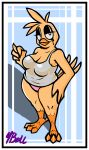  anthro avian beak big_breasts bird border breasts cheeky_(roommates) chica_(fnaf) chicken chubby_female clothed clothing digital_media_(artwork) feathers female five_nights_at_freddy&#039;s fourball galliform gallus_(genus) hi_res non-mammal_breasts phasianid roommates:motha simple_background solo video_games white_border wings 