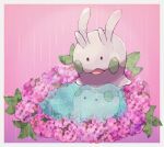  border commentary_request gen_6_pokemon goomy jeri20 looking_down no_humans open_mouth pink_background pokemon pokemon_(creature) rain reflection solid_oval_eyes water white_border 