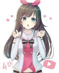  1girl :o birthday black_hair blush bow breasts detached_sleeves eyebrows_visible_through_hair flower_(symbol) green_eyes hair_ornament hands_up happy_birthday highres kizuna_ai kizuna_ai_inc. long_hair looking_at_viewer navel nekonosuke open_mouth simple_background small_breasts solo virtual_youtuber white_background youtube_logo 
