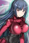  1girl bangs black_hair blunt_bangs blush bodysuit breasts covered_collarbone covered_navel gym_leader highres impossible_clothes large_breasts long_hair looking_at_viewer pokemon red_eyes sabrina_(pokemon) skin_tight smile solo sumida_kichi taut_clothes 