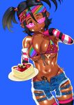  1girl arung_samudra_(cessa) bikini bikini_under_clothes black_eyes black_hair blue_background breasts cessa cleavage cowboy_shot dark_skin dark_skinned_female denim denim_shorts ear_piercing earrings english_commentary fingerless_gloves food gloves hand_up heart highres jewelry large_breasts looking_at_viewer navel ombok_diving_and_delivery_services one_eye_closed piercing plate rainbow_bikini short_hair short_shorts shorts simple_background skindentation solo striped striped_gloves swimsuit thighhighs twintails valentine 