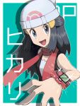  1girl :d beanie black_hair character_name commentary_request dawn_(pokemon) eyelashes floating_scarf green_background grey_eyes hair_ornament hairclip hat head_tilt jeri20 looking_at_viewer open_mouth pokemon pokemon_(game) pokemon_dppt poketch red_scarf scarf shirt sleeveless sleeveless_shirt smile solo sparkle tongue watch wristwatch 