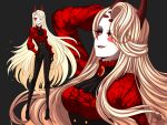  1girl big_hair blonde_hair breasts charlie_magne cneko-chan colored_sclera demon demon_girl demon_horns eyebrows_visible_through_hair eyes_visible_through_hair hazbin_hotel hell horns jacket long_hair looking_at_viewer one_eye_covered pale_skin queen red_fur red_horns red_sclera tuxedo yellow_eyes 