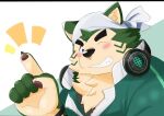  2021 absurd_res anthro black_nose blush canid canine canis domestic_dog fur green_body green_fur headphones headphones_around_neck hi_res humanoid_hands jinastray kemono live-a-hero male mammal mokdai one_eye_closed solo video_games wink 