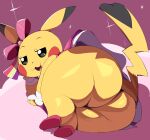  2020 accessory bottomless butt butt_focus cleft_tail clothed clothing cosplay_pikachu_(costume) dipstick_ears dress female footwear hair_accessory hair_bow hair_ribbon hi_res looking_at_viewer looking_back mammal multicolored_ears nintendo open_mouth pikachu pikachu_pop_star pok&eacute;mon pok&eacute;mon_(species) rear_view ribbons rodent shoes smile solo sparkles thick_thighs tongue trinity-fate62 video_games yellow_body yellow_skin 