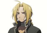  1boy absurdres ahoge bandaged_neck bandages bandaid bandaid_on_face bangs black_shirt blonde_hair braid bruise closed_mouth collarbone collared_jacket collarless_shirt edward_elric frown fullmetal_alchemist grey_jacket highres injury jacket long_hair looking_at_viewer male_focus maro_(lij512) open_clothes parted_bangs serious shirt simple_background single_braid solo symbol_commentary upper_body white_background yellow_eyes 