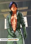  1girl abs ace_combat black_eyes blue_hair bodysuit breasts breasts_apart cessa commission cowboy_shot green_bodysuit kei_nagase medium_breasts navel no_bra open_bodysuit parted_lips short_hair solo sweat watermark web_address zipper zipper_pull_tab 