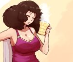  1girl bags_under_eyes big_hair breasts brown_hair camisole chief_(91m10) cleavage closed_eyes collarbone cup exhausted holding holding_cup large_breasts mole mole_on_breast mug nina_uccelli original purple_camisole sitting solo steam 