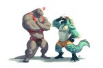  annoyed anthro bottomwear clothing crossed_arms deinonychus dinosaur dromaeosaurid duo feathers furrybob grey_body hawke_(imfeelingbleu) headgear headwear hi_res komodo_dragon lizard male monitor_lizard multicolored_body muscular muscular_anthro muscular_male red_clothing reptile scalie sharp_teeth shirt shorts simple_background swimwear tank_top teeth theropod topwear white_background 