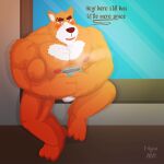  1:1 2021 absurd_res anthro beverage blush bulge canid canine canis clothing coffee domestic_dog edgaa english_text fur hi_res male mammal musclegut nipples orange_body orange_fur rorik_(the_human_heart) sitting solo text the_human_heart_(game) underwear video_games visual_novel 