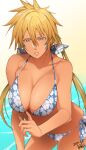  1girl arrancar bikini bikini_pull bleach blonde_hair blue_eyes breasts cleavage commentary_request dark_skin dark_skinned_female dated espada facial_mark floral_print hair_between_eyes highres kuma_(jk0073) large_breasts long_hair looking_at_viewer signature solo swimsuit tier_harribel water 