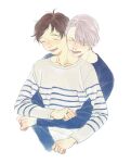  2boys arms_around_waist arms_at_sides blue_shirt brown_hair clenched_hands closed_eyes collarbone commentary_request cropped_torso eyelashes facing_viewer grey_hair hair_over_one_eye hands_up happy horizontal_stripes hug hug_from_behind husband_and_husband jewelry katsuki_yuuri laughing light_blush light_smile long_sleeves male_focus multiple_boys parted_lips r_inami ring shirt simple_background striped striped_shirt tareme teeth upper_body viktor_nikiforov wedding_ring white_background white_shirt yaoi yuri!!!_on_ice 