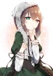  1girl brown_hair green_eyes heterochromia lushuao red_eyes rozen_maiden short_hair solo souseiseki white_headwear 