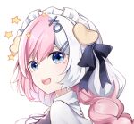  1girl bangs blue_bow blue_eyes bow braid braided_ponytail gou_lianlian_dogface hair_between_eyes hair_bow hair_ornament long_hair looking_at_viewer maid_headdress multicolored_hair open_mouth original pink_hair sidelocks simple_background star_(symbol) symbol-shaped_pupils thick_eyebrows upper_teeth white_background white_hair x_hair_ornament 