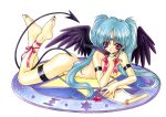  1girl ankle_ribbon aqua_hair arm_strap ass bangs barefoot between_legs black_tail black_wings breasts crossed_ankles demon_girl demon_tail demon_wings eyebrows_visible_through_hair facial_mark feathered_wings forehead_mark full_body hexagram holding_quill ink_bottle inkwell long_hair lying medium_breasts nail_polish neck_ribbon nipples nude on_stomach original paper pen pink_eyes pink_nails pink_neckwear quill ramiya_ryou ribbon simple_background smile solo star_of_david tail tail_between_legs thigh_strap twintails white_background wings 