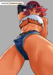  1girl black_gloves breasts cessa cowboy_shot elbow_gloves english_commentary final_fight from_below gloves grey_background hair_between_eyes hat looking_at_viewer navel pink_hair poison_(final_fight) short_hair simple_background smile solo street_fighter street_fighter_v underboob watermark web_address 