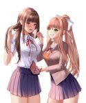  2girls absurdres bangs blue_skirt blunt_bangs blush breasts brown_hair commentary doki_doki_literature_club dress_shirt english_commentary genderswap genderswap_(mtf) green_eyes grey_jacket grin hair_ribbon highres jacket large_breasts long_hair long_sleeves looking_at_another makeup_brush monika_(doki_doki_literature_club) multiple_girls neck_ribbon parted_lips pleated_skirt ponytail potetos7 protagonist_(doki_doki_literature_club) red_eyes red_ribbon ribbon school_uniform shirt short_sleeves sidelocks simple_background skirt smile teeth white_background white_ribbon white_shirt wing_collar yellow_eyes 