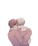  2boys black_hair blue_eyes closed_mouth collarbone expressionless eyebrows_visible_through_hair face-to-face facing_away facing_viewer fingernails grey_hair half-closed_eyes hand_on_another&#039;s_waist hands_on_another&#039;s_neck hug ima_(minitomato123) katsuki_yuuri light_blush light_smile limited_palette long_sleeves looking_down male_focus multiple_boys nape negative_space profile sepia shirt simple_background tareme upper_body viktor_nikiforov white_background yaoi yuri!!!_on_ice 