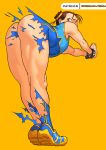  1girl ass blue_bodysuit blue_footwear blush bodysuit brown_hair cessa chun-li covered_mouth from_behind hair_ribbon leaning_forward looking_back ribbon shoes simple_background solo street_fighter torn_clothes watermark web_address yellow_background yellow_ribbon 