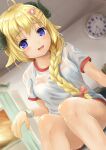  1girl :d absurdres animal_ears bangs blonde_hair blurry blurry_background blush bow bra braid breasts clock curled_horns depth_of_field dutch_angle eyebrows_visible_through_hair feet_out_of_frame gym_shirt gym_shorts gym_uniform hair_bow hair_over_shoulder highres hololive horns indoors long_hair looking_at_viewer medium_breasts ohiensis open_mouth pink_bow purple_eyes red_shorts see-through sheep_ears sheep_girl sheep_horns shirt short_shorts short_sleeves shorts single_braid sitting smile solo sweat tsunomaki_watame underwear very_long_hair virtual_youtuber wall_clock wet wet_clothes wet_shirt white_bra wristband 