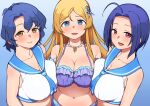  1girl 3girls ahoge antenna_hair asymmetrical_docking bikini blonde_hair blue_background blue_eyes blue_hair blue_neckwear blue_sailor_collar breast_press breasts cleavage closed_mouth collarbone commentary_request eyes_visible_through_hair frilled_bikini frills gradient gradient_background hair_ornament halter_top halterneck idolmaster idolmaster_million_live! idolmaster_million_live!_theater_days jewelry korean_commentary kwaejina large_breasts long_hair looking_at_viewer miura_azusa mixed-language_commentary multiple_girls navel necklace open_mouth purple_bikini purple_eyes sailor_bikini sailor_collar sailor_swimsuit_(idolmaster) shinomiya_karen shirt short_hair sleeveless sleeveless_shirt smile swimsuit toyokawa_fuuka upper_body wavy_hair yellow_eyes 