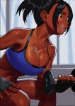  1girl arung_samudra_(cessa) black_eyes black_gloves black_hair blue_sports_bra breasts cessa cleavage dark_skin dark_skinned_female dumbbell english_commentary fingerless_gloves gloves large_breasts ombok_diving_and_delivery_services profile short_hair solo sports_bra sweat weightlifting 