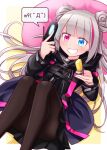  1girl bangs black_legwear black_skirt blue_eyes cellphone commentary_request double_bun emoticon eyebrows_visible_through_hair flip_phone food girls_frontline grey_hair grin heterochromia highres holding holding_food holding_phone long_hair lying mdr_(girls_frontline) multicolored_hair on_back pantyhose phone pink_eyes pink_hair pleated_skirt sansei_rain skirt smile snack solo speech_bubble spoken_expression streaked_hair tactical_clothes teeth two-tone_hair 