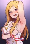  1girl :d armpits black_background blonde_hair breasts commentary_request detached_collar dress eyebrows_visible_through_hair gradient gradient_background idolmaster idolmaster_million_live! idolmaster_million_live!_theater_days jewelry korean_commentary kwaejina large_breasts long_hair looking_at_viewer mixed-language_commentary momose_rio necklace open_mouth purple_background purple_eyes sideboob simple_background sleeveless sleeveless_dress smile straight_hair upper_body very_long_hair white_dress wrist_cuffs 