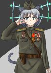  1girl animal_ears belt cat_ears cat_tail garrison_cap green_eyes grey_hair hammer_and_sickle hat highres hirschgeweih_antennas holster insignia medal military military_hat military_uniform red_star sanya_v_litvyak soviet_air_force strike_witches tail uniform user_wheh8572 vladimir_lenin world_witches_series 