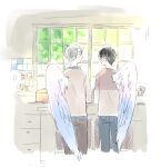  2boys backlighting beige_shirt black_hair blue_eyes blush_stickers border brown_eyes brown_shirt cabinet closed_mouth cropped_legs cup denim eye_contact feathered_wings feet_out_of_frame from_behind glasses grey_hair holding holding_cup ima_(minitomato123) indoors jar jeans jitome katsuki_yuuri kitchen light_smile long_sleeves looking_at_another looking_to_the_side male_focus multiple_boys nape oven pants pot profile shirt side-by-side single_wing spice_rack standing sunlight tareme tile_wall tiles tree two-tone_shirt viktor_nikiforov wall white_border white_wings window wings yuri!!!_on_ice 